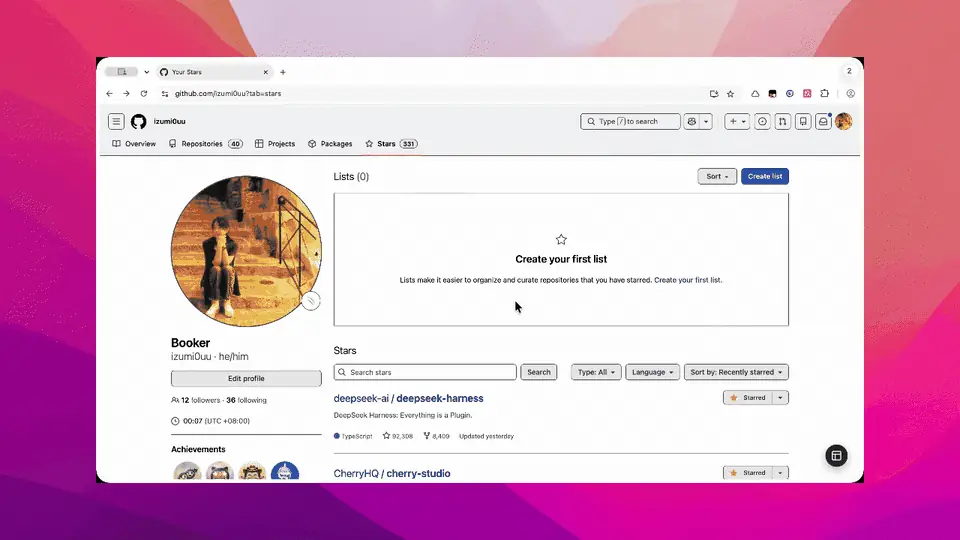 Better GitHub Stars Manager opening over GitHub Stars and filtering repositories by tags